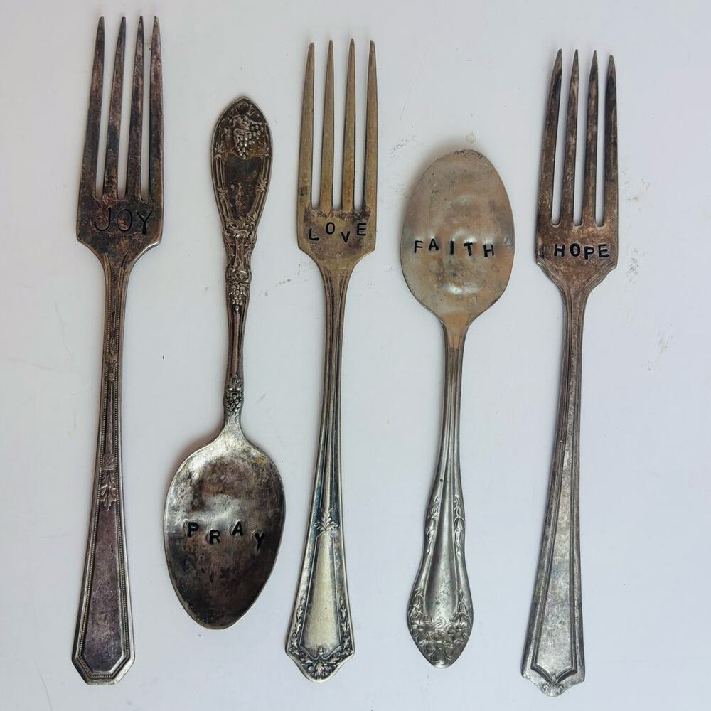Antique Silverware 3 Forks, 2 Spoons. Engraved Joy, Hope, Love, Pray, Faith
